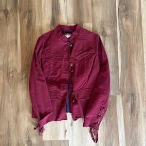 Free People Red Military Jacket Size M Lace Up Sleeve Raw Hem